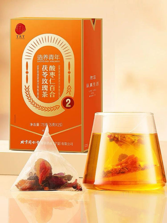 北京同仁堂 Tong Ren Tang｜造养青年 酸枣仁百合茯苓玫瑰茶养生茶 75g（5g x 15包）Sour Jujube Lily Poria and Dried Rose Herbal Tea｜安心草本 调和日常｜清润助眠 四季皆宜